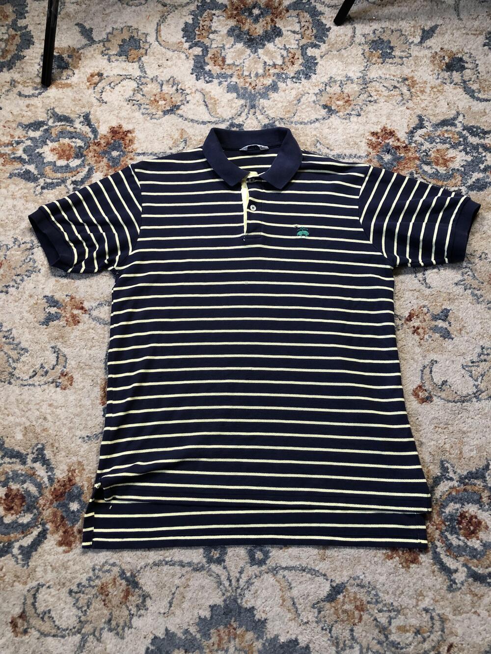 Brooks Brothers Polo Shirt Mens Medium Navy Yellow Striped Golden Fleece USA